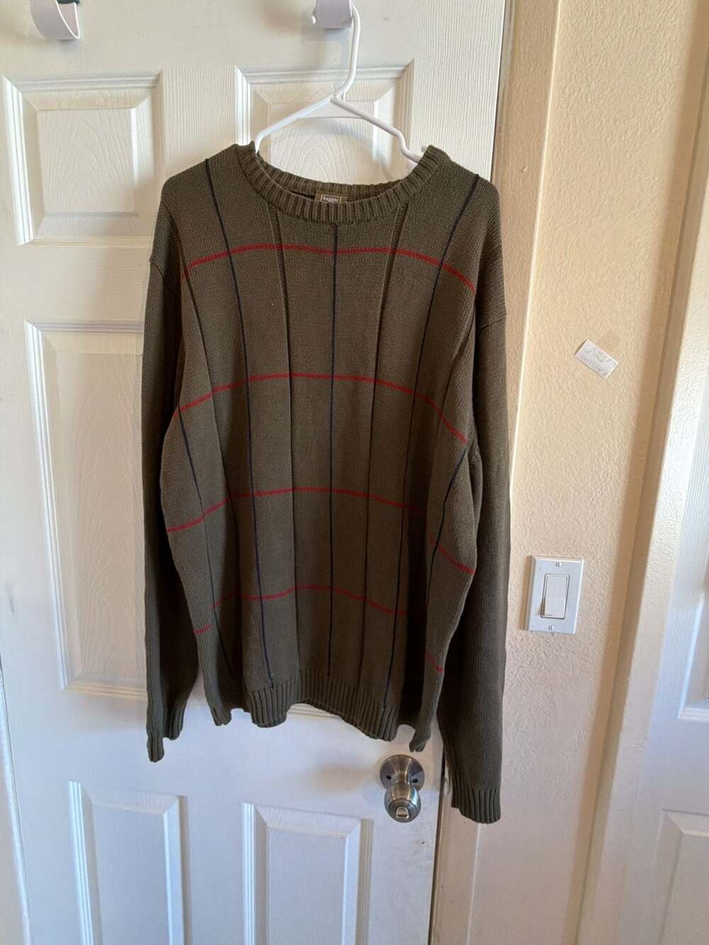 Haggar Sweater Olive Green Plaid Crew Neck Knit Pullover 100% Cotton
